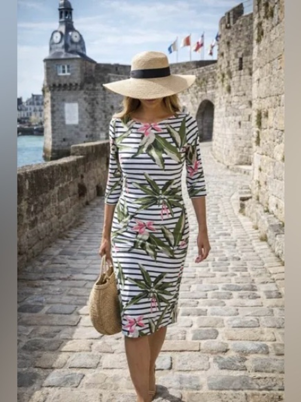 Saint James White and Black Striped‎ Floral Midi Boatneck Bodycon Dress Size:4